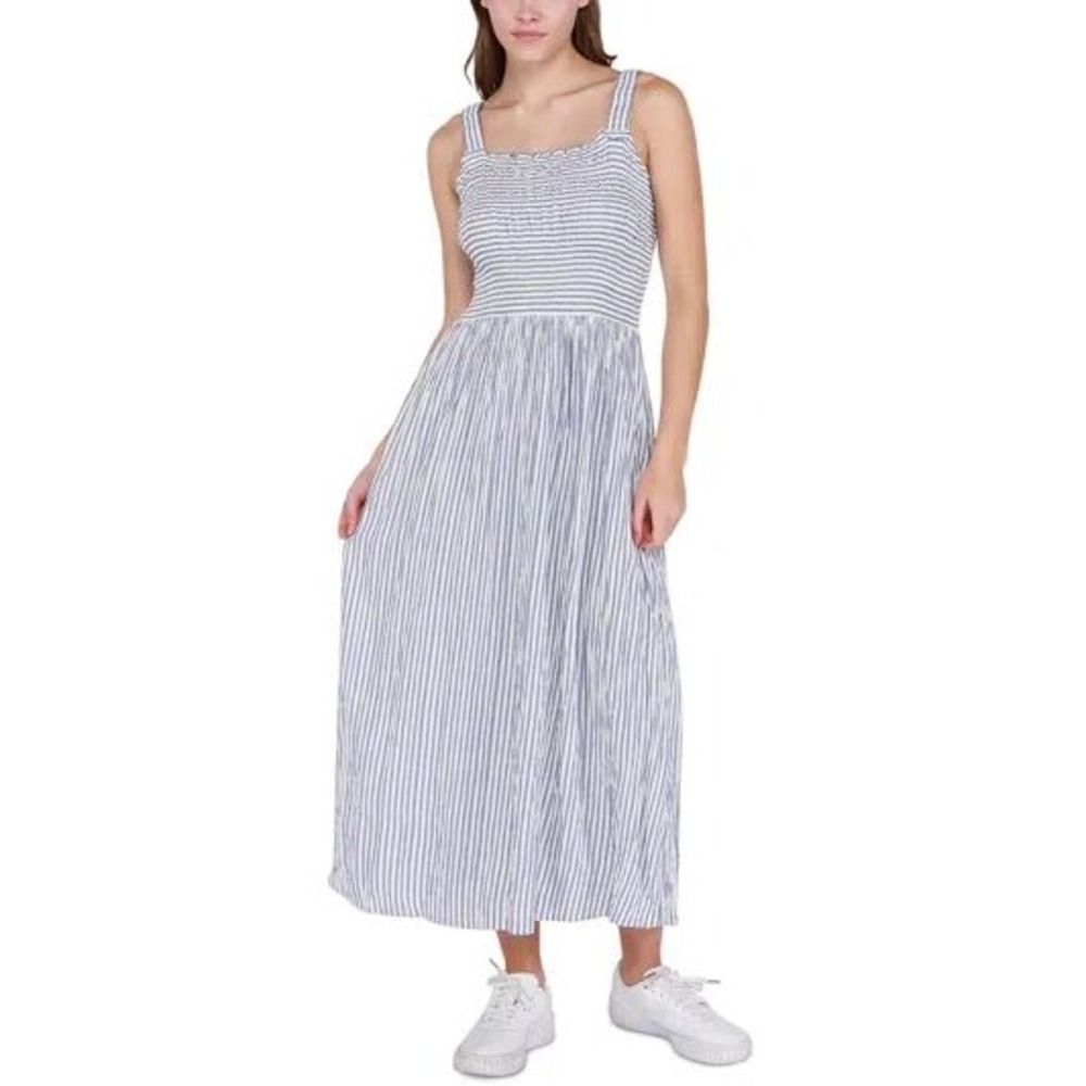 Black Tape Viscose Maxi Dress Blue White Striped Smocked Picket Fence PM NEW